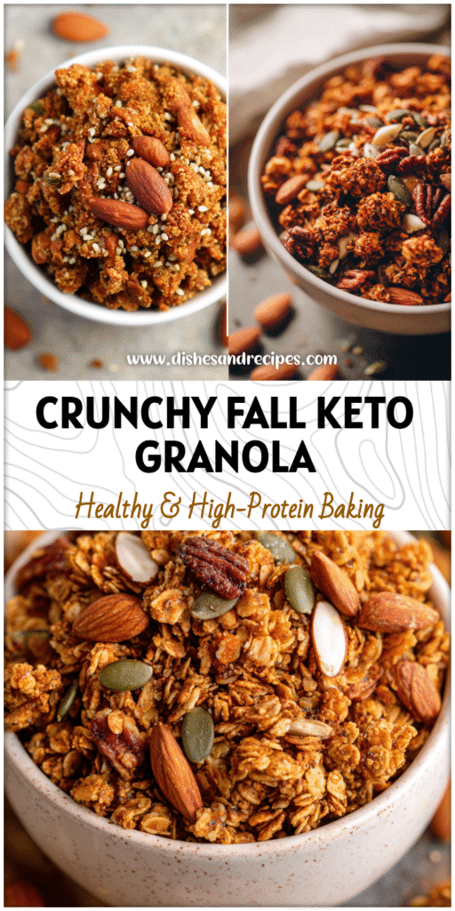 A bowl of crunchy Pumpkin Spice Keto Granola topped with almonds and seeds for a Healthy Fall Granola Recipe.